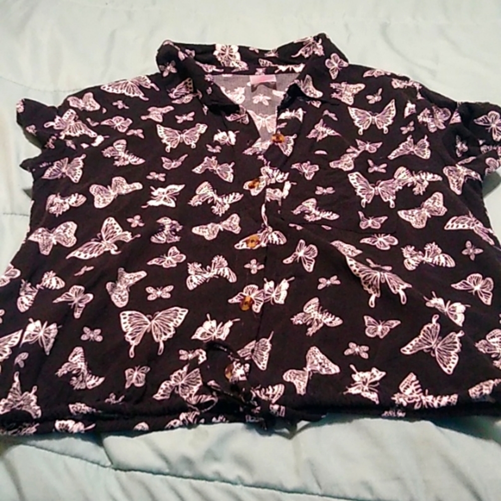 Black button down with white butterflys